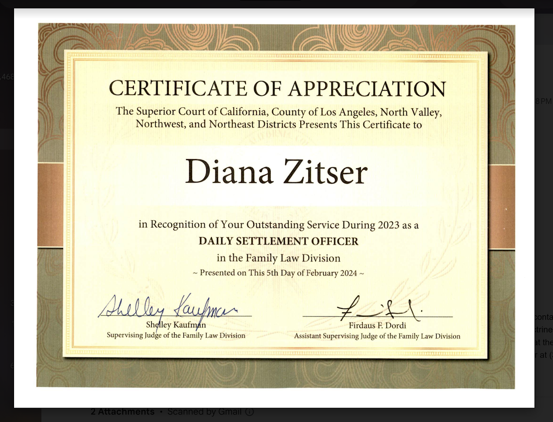 Cert of appreciation Diana Zitser Superior Court of California